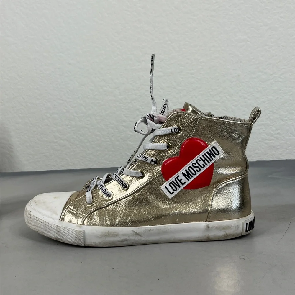 LOVE MOSCHINO Gold Heart Metallic Lace Up High Top Zip SOLD OUT Sneakers Shoes - Picture 1 of 10